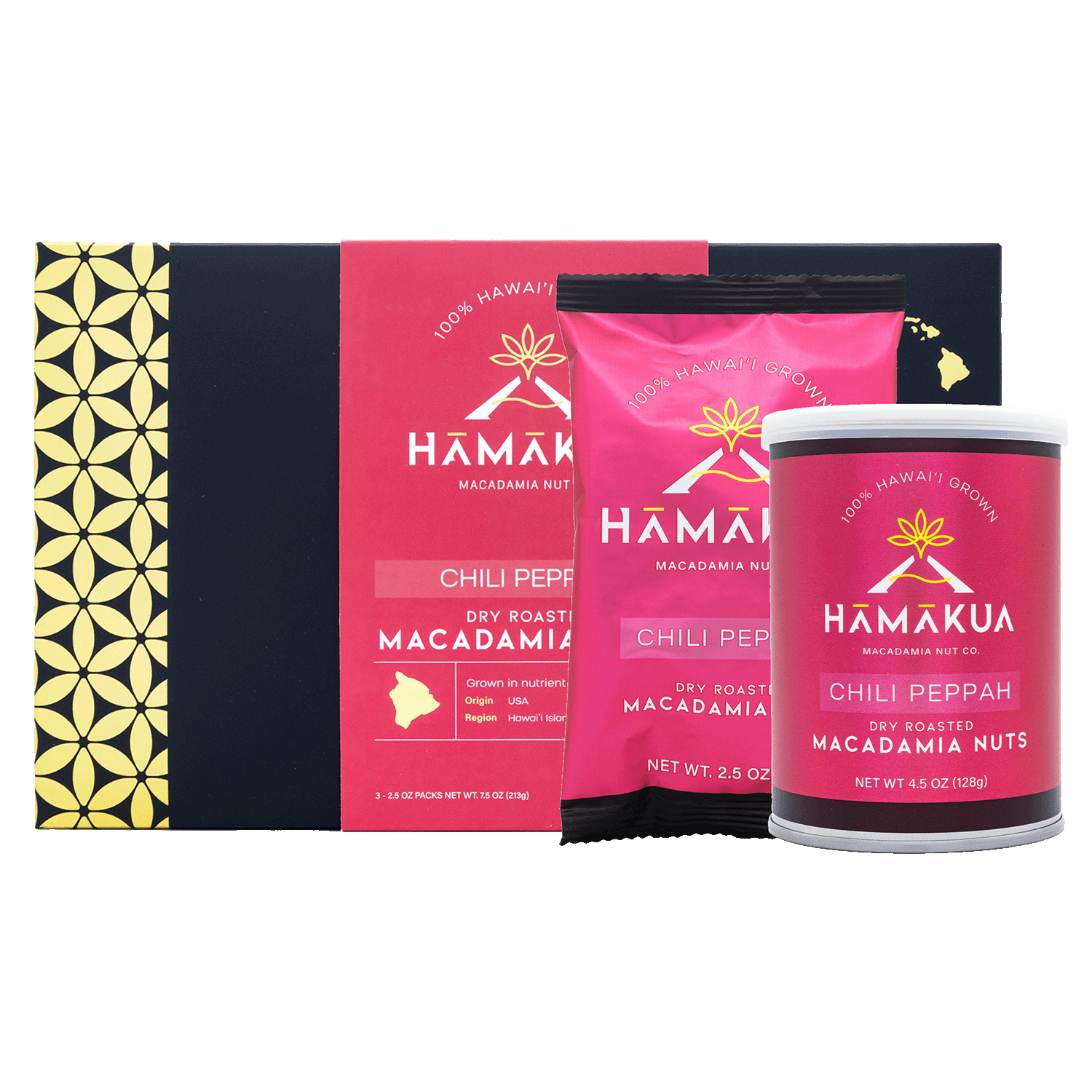 Hāmākua Macadamia Nut Company Chili Peppah Macadamia Nuts in various size packaging