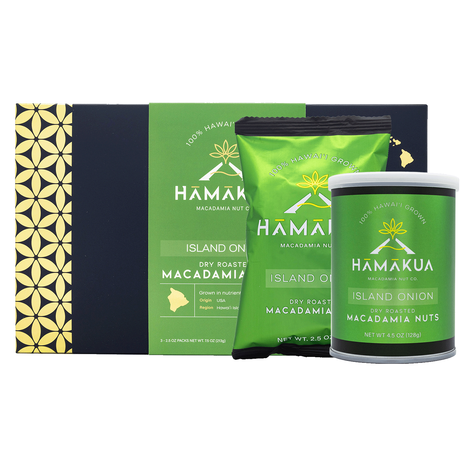 Island Onion Macadamia Nuts in various size packaging