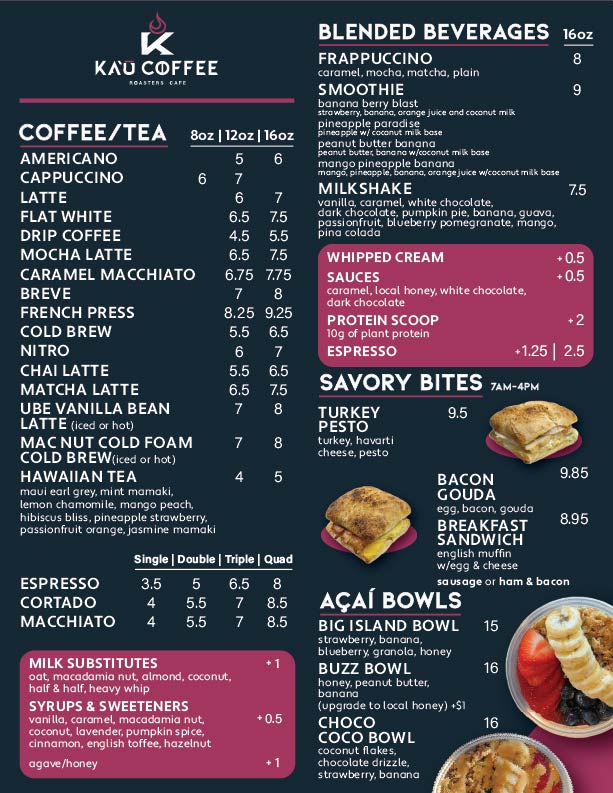Kaʻū Coffee Roasters Cafe menu with coffee and beverage options
