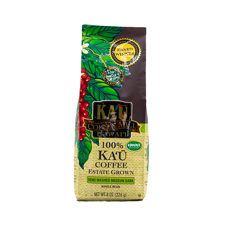 8oz bag of Kaʻū Coffee Mill Semi Washed Medium Dark Whole Bean Coffee