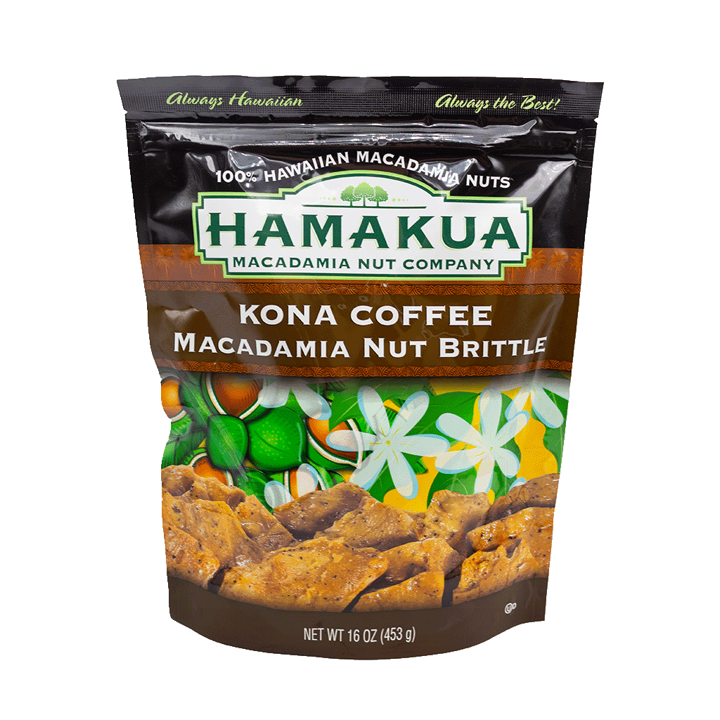 Packaging of Hāmākua Macadamia Nut Company Kona Coffee Macadamia Nut Brittle