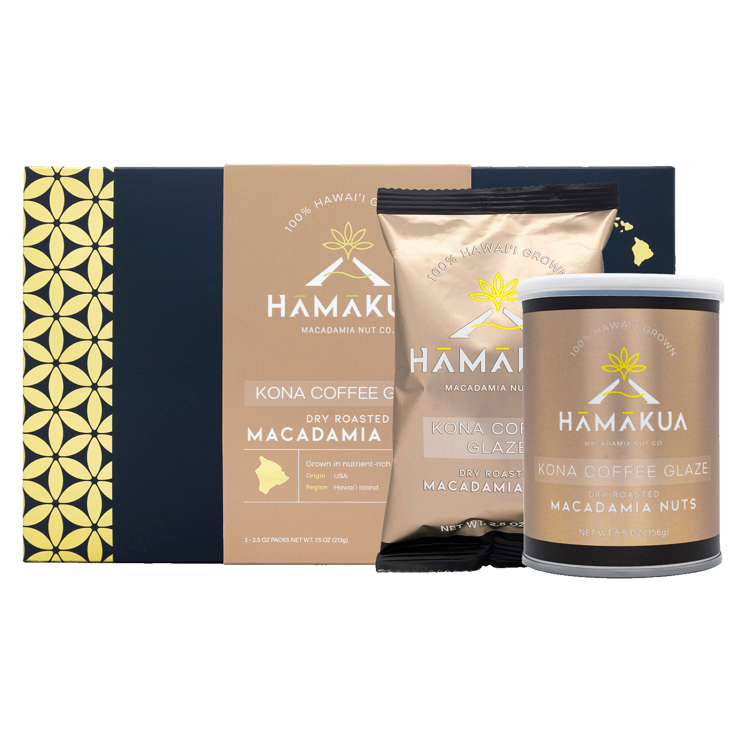 Hāmākua Macadamia Nut Company Kona Coffee Glaze Macadamia Nuts in various size packaging