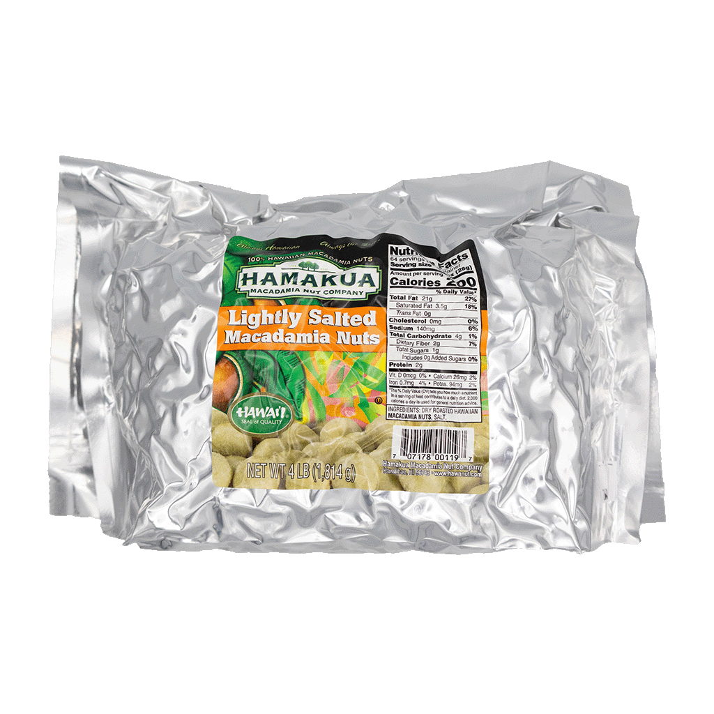 4lb silver package of Hāmākua Macadamia Nut Company Lightly Salted Macadamia Nuts