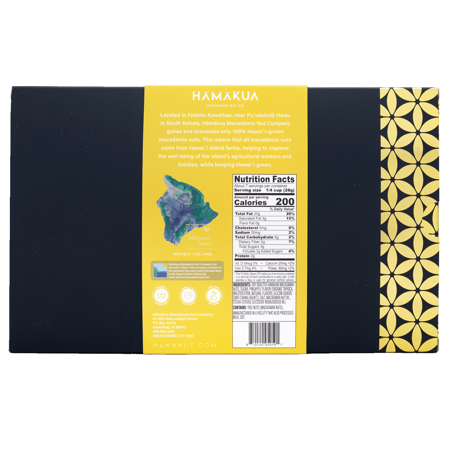 Hāmākua Macadamia Nut Company Pineapple macadamia nuts 7.5oz box nutrition label