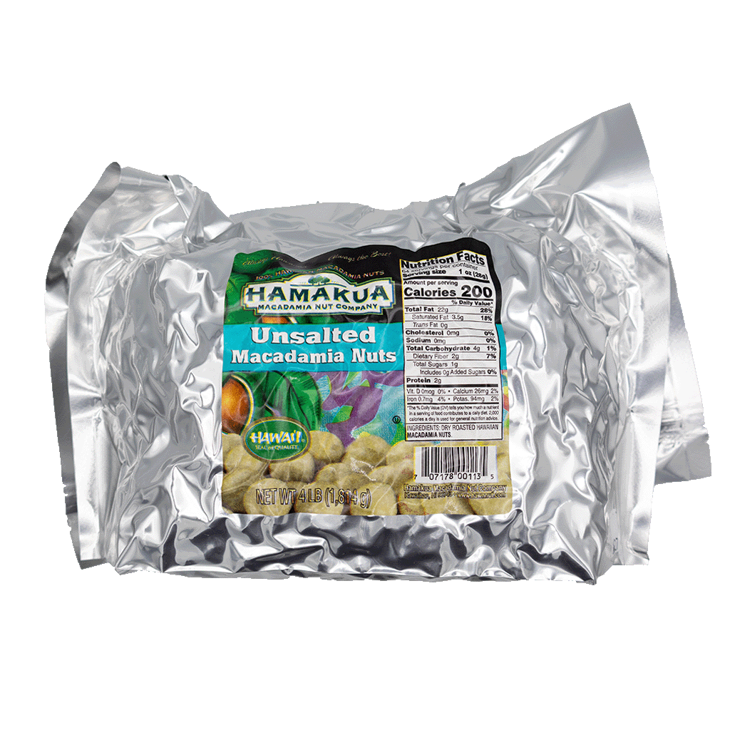 4lb silver package of Hāmākua Macadamia Nut Company Unsalted Nuts