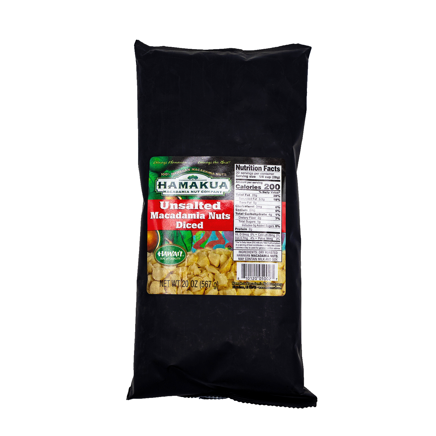 Black bag of diced Hāmākua Unsalted macadamia nuts