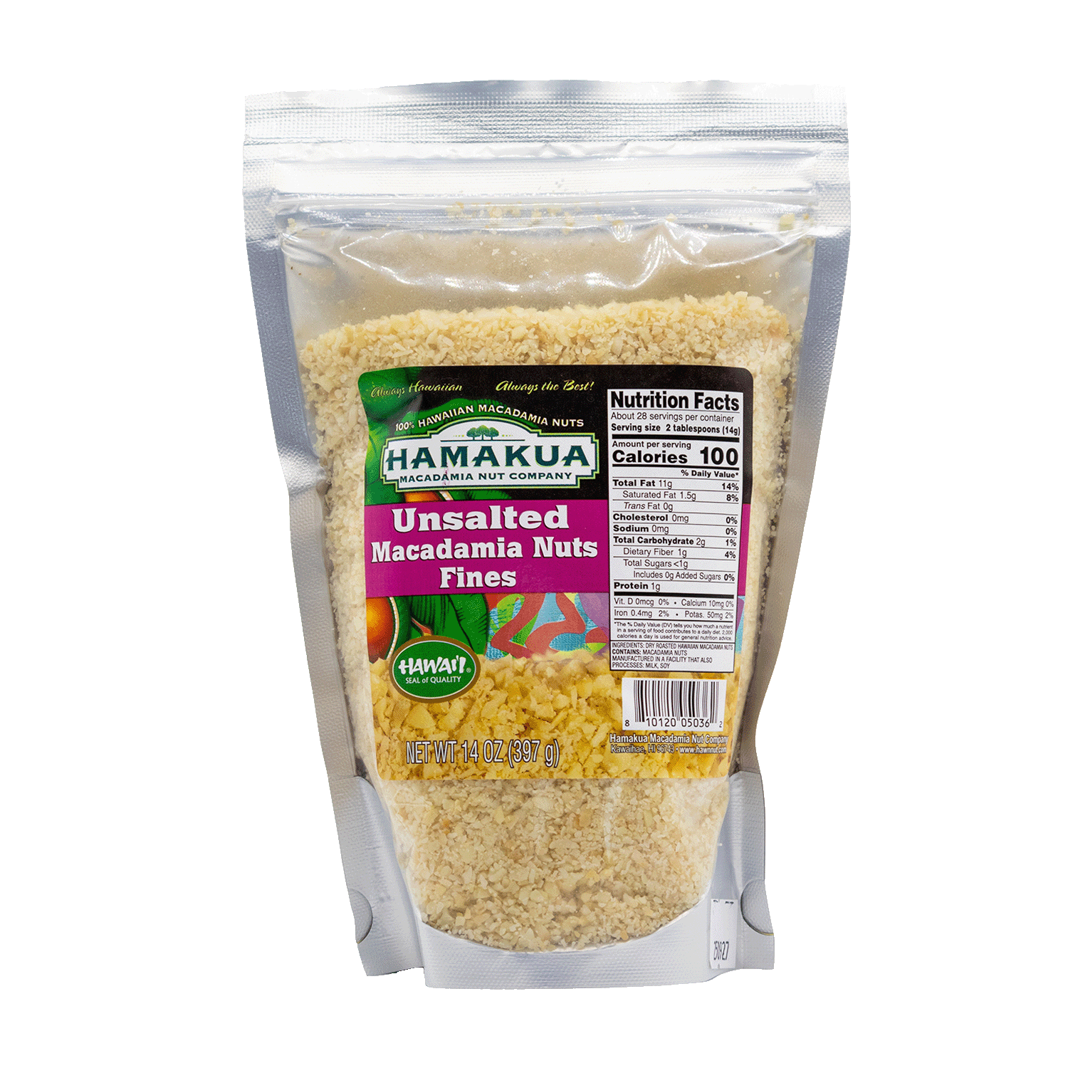 14oz clear bag of Hāmākua Macadamia Nut Company unsalted fine macadamia nuts