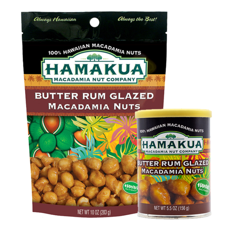 10oz pouch and 5.5oz can of Hāmākua Macadamia Nut Company Butter Rum Glazed Macadamia Nuts