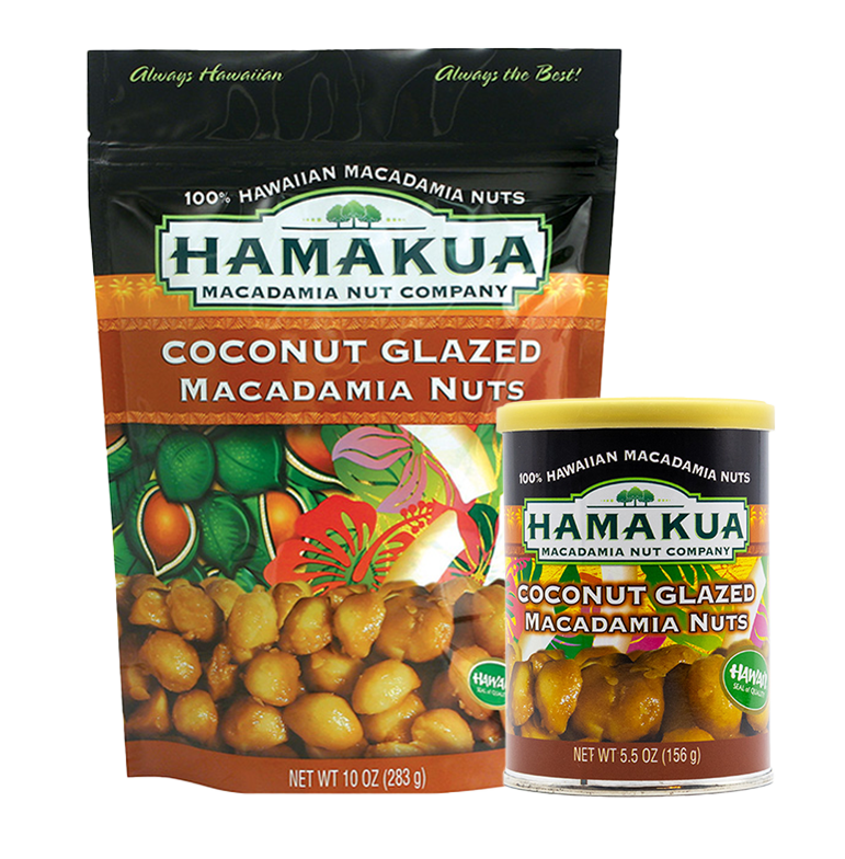 10oz pouch and 5.5oz can of Hāmākua Macadamia Nut Company Coconut Glazed Macadamia Nuts