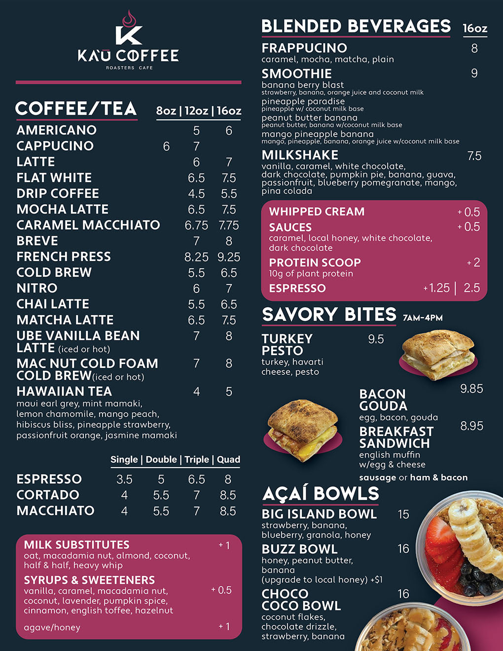 Kaʻū Coffee Roasters Cafe menu with coffee and beverage options