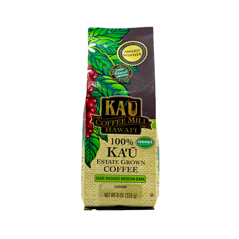 8oz bag of Kaʻū Coffee Mill Semi Washed Medium Dark Ground Coffee