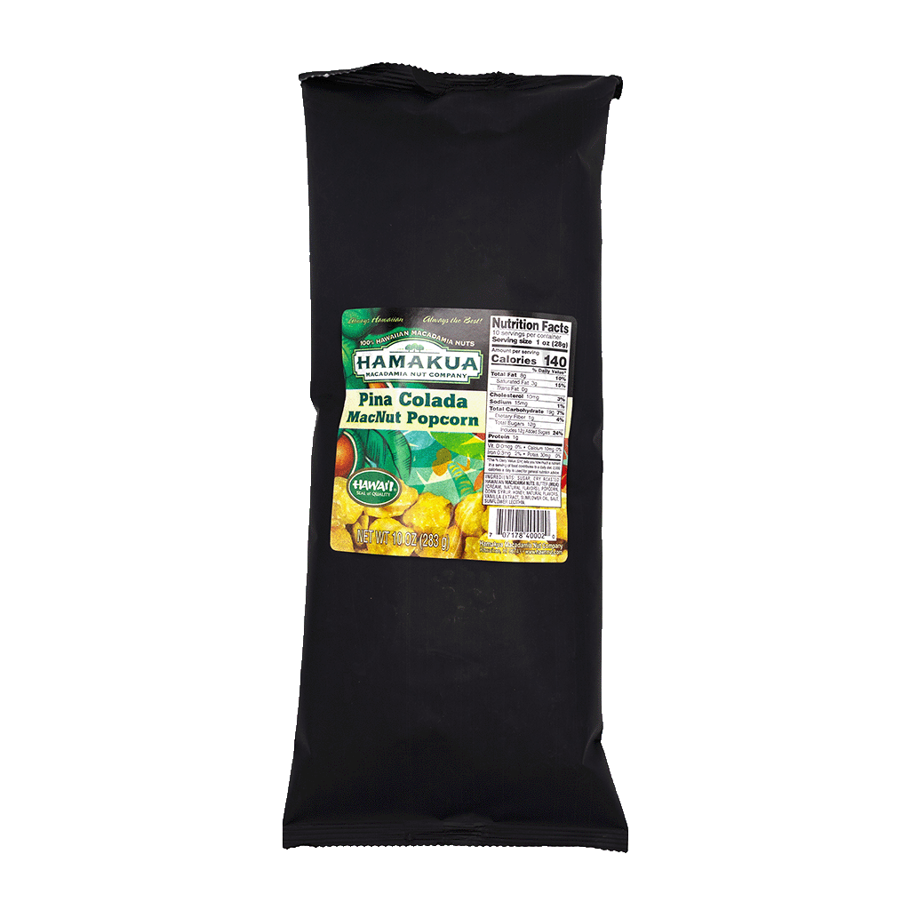 Black package of Hāmākua Macadamia Nut Company Pina Colada Mac Nut Popcorn