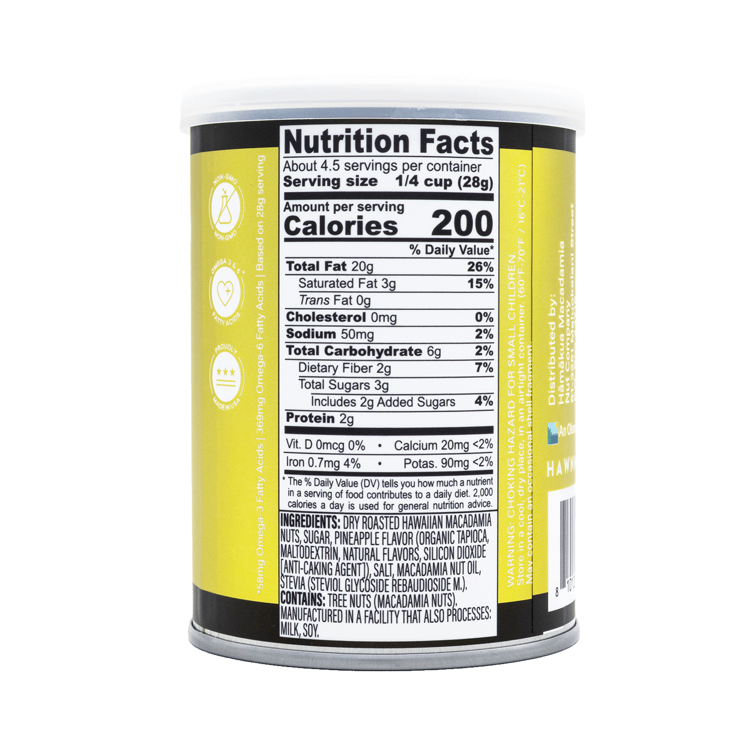 Hāmākua Macadamia Nut Company Pineapple macadamia nuts can nutrition label