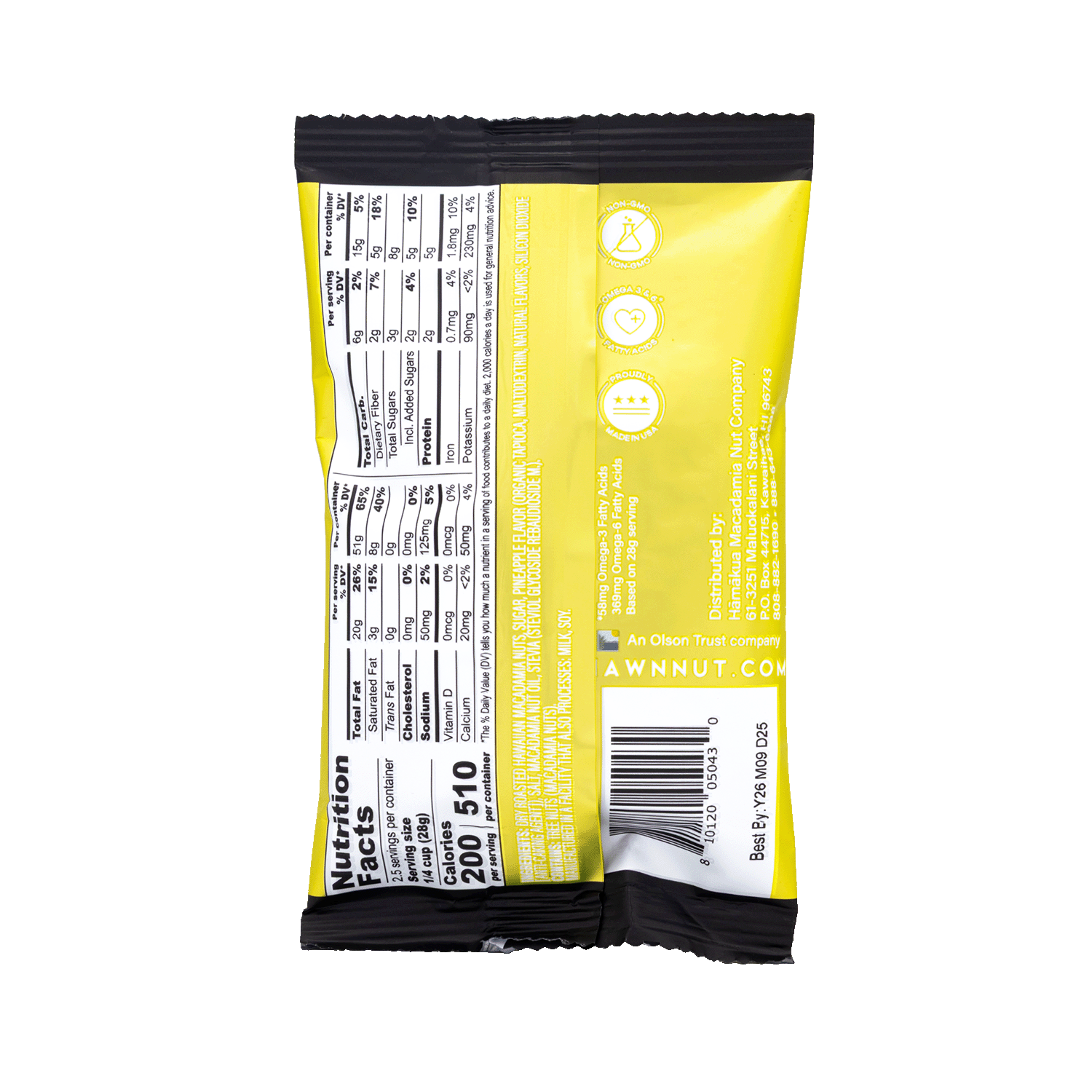 Hāmākua Macadamia Nut Company Pineapple macadamia nuts 2.5oz pouch nutrition label