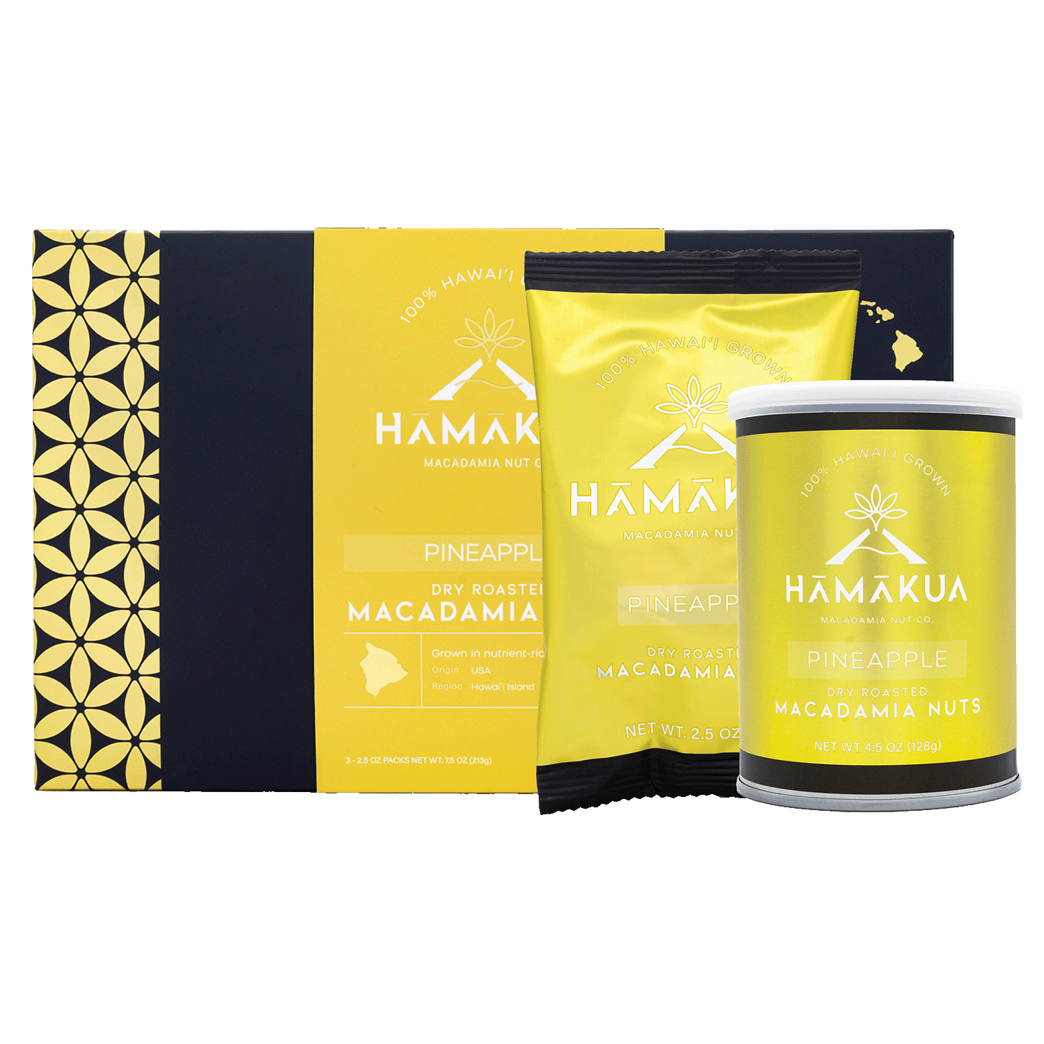 Hāmākua Macadamia Nut Company Pineapple Macadamia Nuts in various size packaging