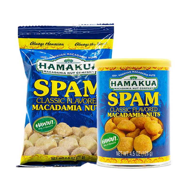 10oz pouch and 4.5oz can of Hāmākua Macadamia Nut Company SPAM Macadamia Nuts