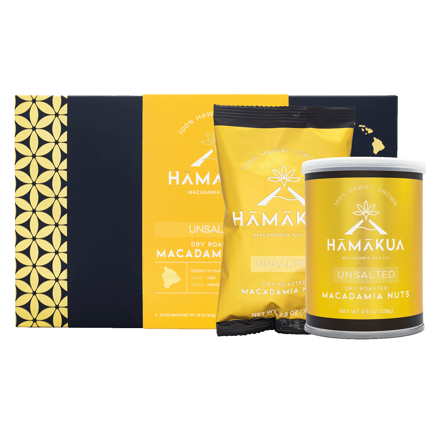 Hāmākua Macadamia Nut Company Unsalted Macadamia Nuts in various size packaging